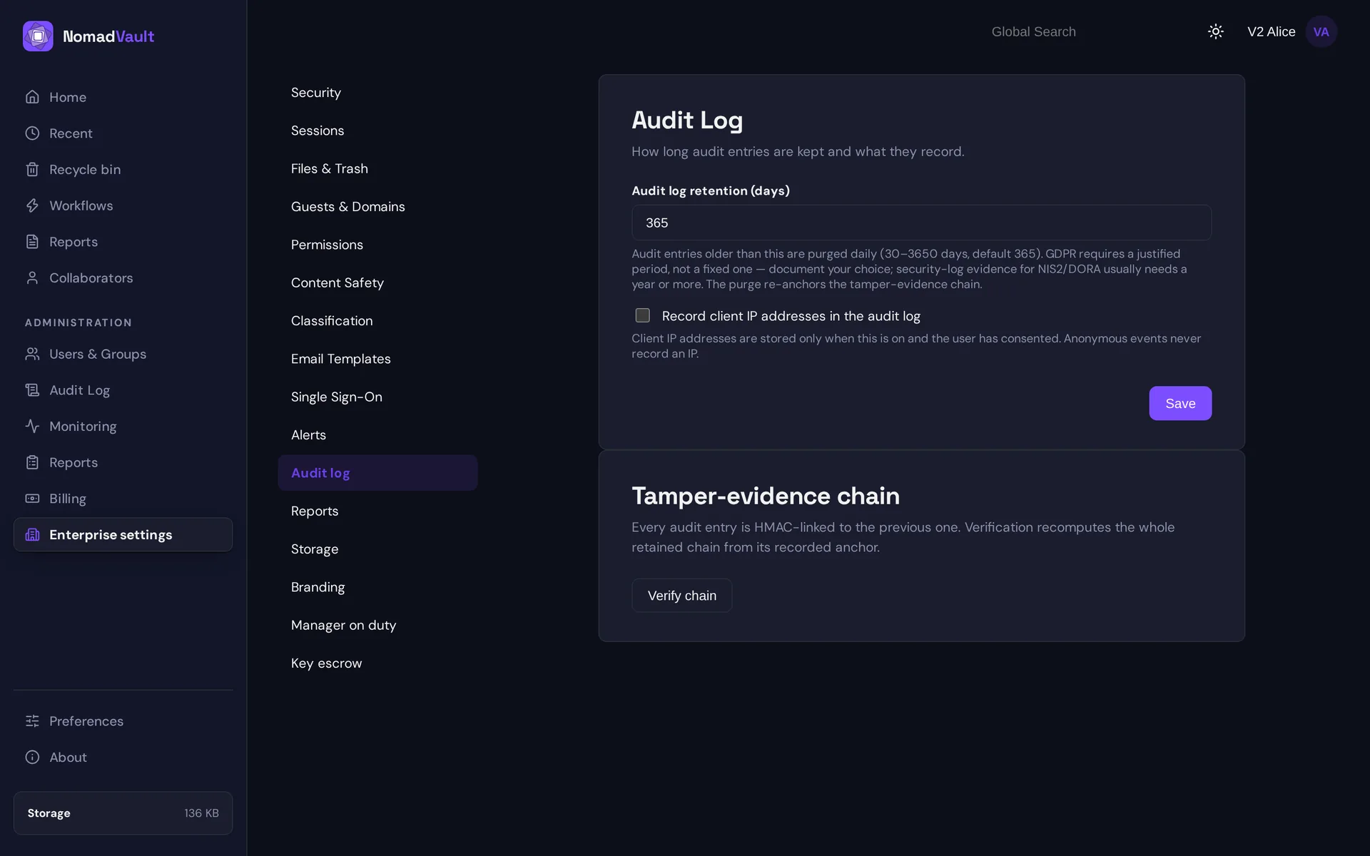 Audit log retention and tamper evidence